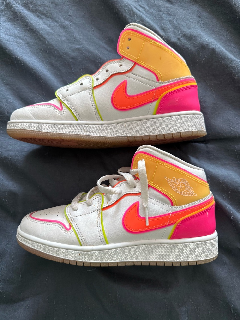 Nike Jordan Mid 1 Size 5Y' White High-Top Sneakers with Neon Pink & Yellow Accen